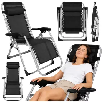 LEAN Folding Garden Beach Deckchair with Table and Headrest, Steel, Anthracite