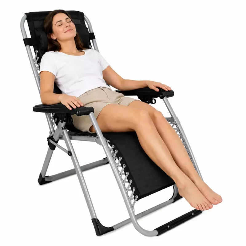 LEAN Folding Garden Beach Deckchair with Table and Headrest, Steel, Anthracite