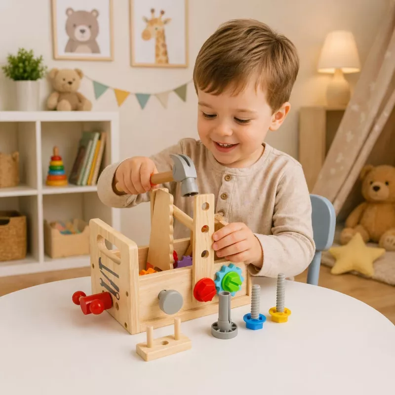LEAN TOYS Wooden Toolbox Set for Children with Gears and Nuts - 25 Pieces, FSC Wood, Ages 3+