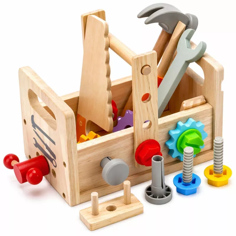 LEAN TOYS Wooden Toolbox Set for Children with Gears and Nuts - 25 Pieces, FSC Wood, Ages 3+
