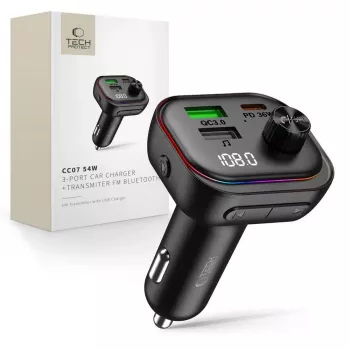 TECH-PROTECT CC07 3-Port Car Charger PD 54W + FM Transmitter Bluetooth Black