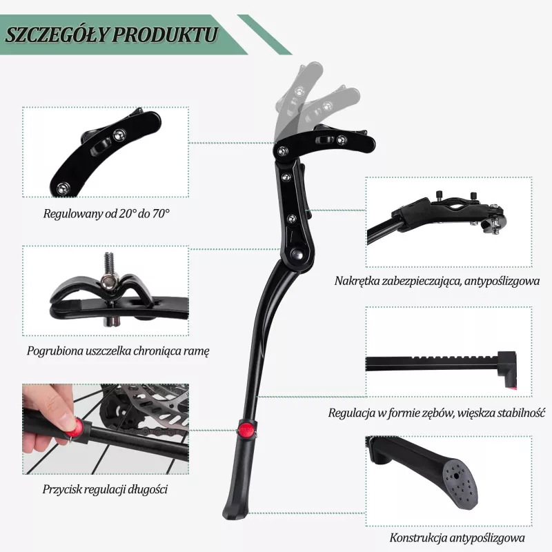 ROCKBROS Bicycle Kickstand JC1005BK - Black, Adjustable 345-400mm, Aluminum Alloy, Anti-Slip Rubber Foot, for 24-29 Inch Wheels
