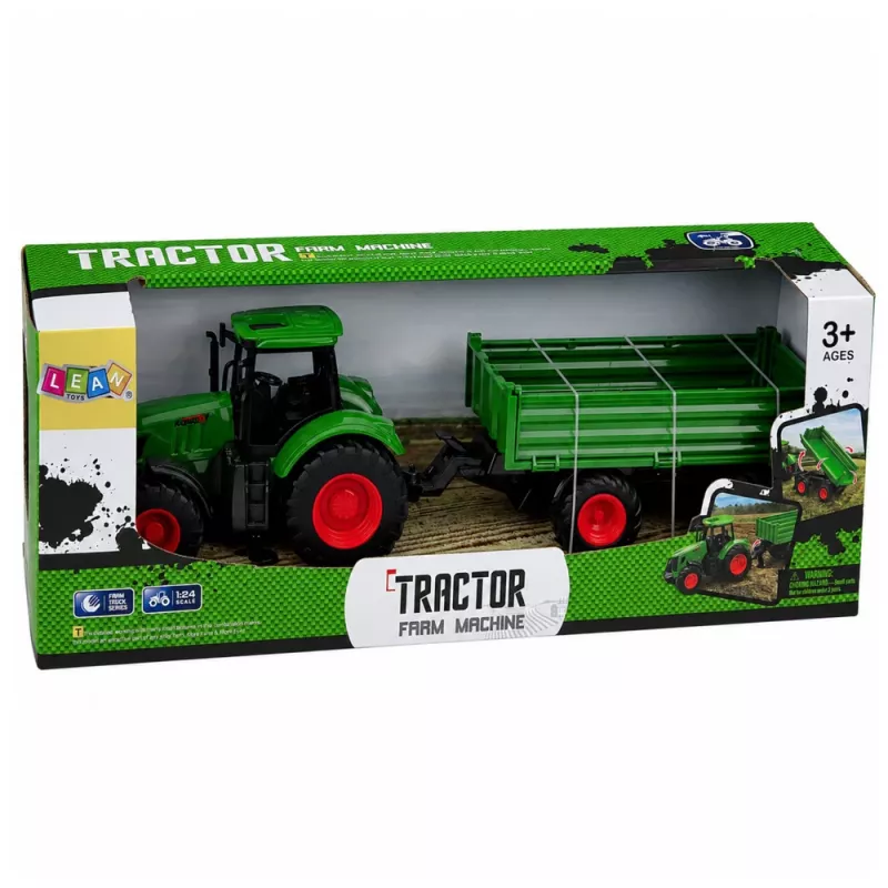 LEAN TOYS Agricultural Farm Tractor with Tipper Trailer Rubber Wheels Green 1:24