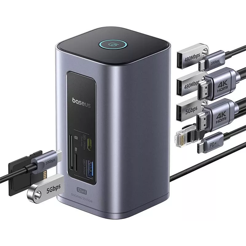 Baseus Air Spacemate 12-in-1 USB-C Hub, 2x HDMI 4K@60Hz, 2x USB-C 10Gbps, 2x USB-A 5Gbps, 2x USB-A 480Mbps, RJ45, SD/microSD, USB-C PD, Grey