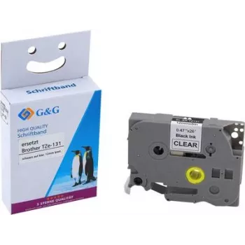 G&G Compatible Label Tape Cartridge for Brother TZe-131 - Black on Clear - 12mm x 8m - Laminated