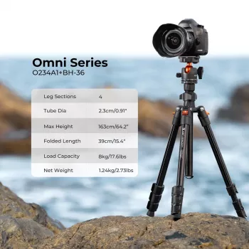 K&F Concept K234A0 + BH-28L Camera Tripod Kit, Aluminum Alloy, 8kg Load, 160cm Max Height, Ball Head, Flip Locks, Monopod Conversion