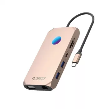 ORICO XCR 12-in-1 USB-C Docking Station with RGB, 2x USB-A 3.1, 1x USB-A 2.0, 1x USB-C PD 100W, 1x USB-C 3.1, 2x HDMI 2.0 4K 60Hz, 1x VGA 1080p, microSD/SD 3.0, RJ45 Gigabit Ethernet, 3.5mm Audio CTIA - Rose Gold