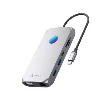 ORICO XCR 12-in-1 USB-C Docking Station with RGB, 3x USB-A 3.1, 1x USB-A 2.0, 1x USB-C PD 100W, 1x USB-C 3.1, 1x HDMI 1.4 4K 30Hz, 1x VGA 1080p, 1x microSD/SD 3.0, 1x RJ45 Gigabit Ethernet, 1x Audio CTIA 3.5mm - Grey