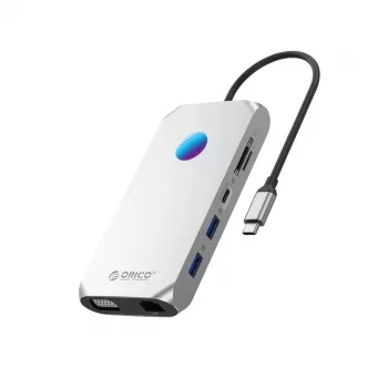 ORICO XCR 12-in-1 USB-C Docking Station with RGB, 3x USB-A 3.1, 1x USB-A 2.0, 1x USB-C PD 100W, 1x USB-C 3.1, 1x HDMI 1.4 4K 30Hz, 1x VGA 1080p, 1x microSD/SD 3.0, 1x RJ45 Gigabit Ethernet, 1x Audio CTIA 3.5mm - Silver