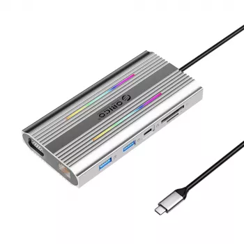 ORICO XDR 12-in-1 USB-C Docking Station with RGB, 2x HDMI 4K 60Hz, VGA, RJ45 Gigabit, SD/microSD Card Reader, 100W PD, Grey