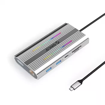 ORICO XDR 12-in-1 USB-C Docking Station with RGB, 2x HDMI 4K 60Hz, DisplayPort 4K 60Hz, RJ45 Gigabit, PD 100W, SD/microSD Card Reader - Silver