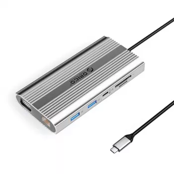 ORICO XDR 12-in-1 USB-C Docking Station with 4K HDMI, VGA, Gigabit Ethernet, 100W PD, SD/MicroSD Card Reader - Silver