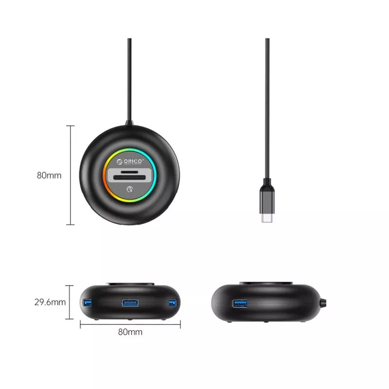 ORICO YXR5-C3 RGB 4-Port USB-A 3.0 Hub with SD and microSD Card Reader, 1.8m Cable, Black