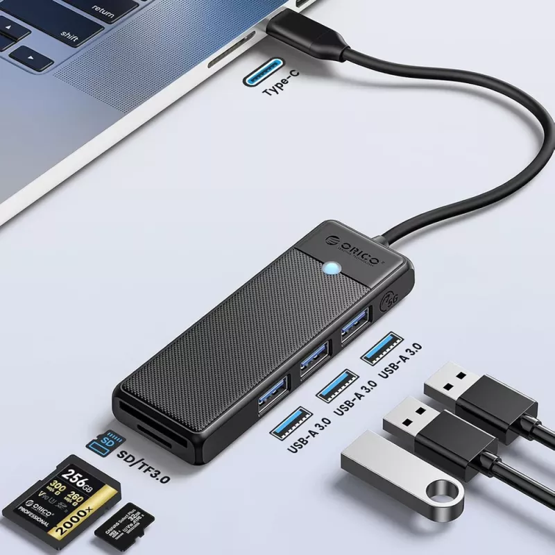 ORICO PAPW3AT-U3 4-Port USB 3.0 Hub with SD/MicroSD Card Reader, 1.8m Cable, Black
