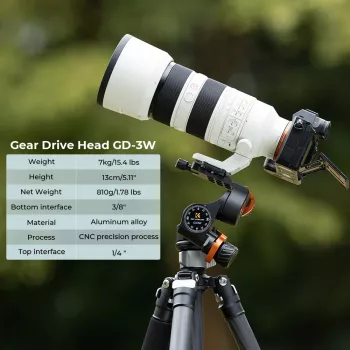 K&F Concept KF31.047 3-Axis Geared Tripod Head, CNC Aluminum, 6kg Load, Arca-Swiss, 1/4 inch-20 & 3/8 inch-16