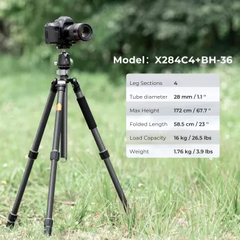 K&F Concept X284C4 Carbon Fiber Tripod with BH-36 Ball Head, 172cm/67.7in, 16kg/35.3lbs Load, Monopod, 4-Section Twist Lock, Arca-Swiss Compatible