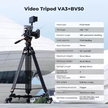K&F Concept Professional Video Tripod with Fluid Head 192cm KF09.147