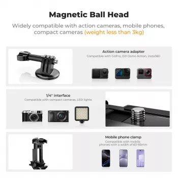 KF 3D Ball Head Magnetic Base Mount for GoPro Smartphone Camera with 1/4 inch Thread KF31.156 Black
