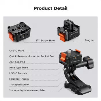 KF Quick Release Adapter with USB-C Charging for DJI Osmo Pocket 3/4, GoPro Mount, 1/4 inch Thread, Black