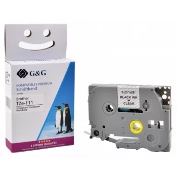 G&G Compatible Label Tape for Brother TZe-111 – Clear with Black Print, 6mm x 8m, Laminated PET