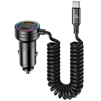 USAMS Car Charger 60W 2xUSB-C 1xUSB-A with Coiled Cable Fast Charge PD QC Black CC167CC01