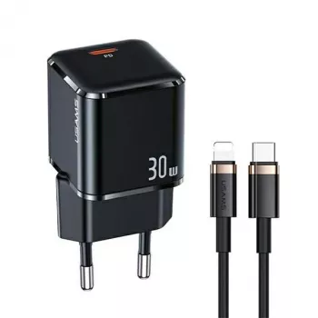 USAMS T45 30W PD3.0 USB-C Fast Charger with U63 USB-C to Lightning Cable, Black, UXTZH01
