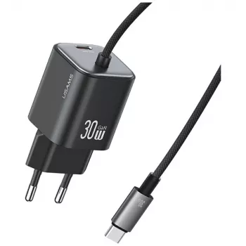 USAMS 30W GaN Fast Charger with USB-C Cable (Black, EU Plug)