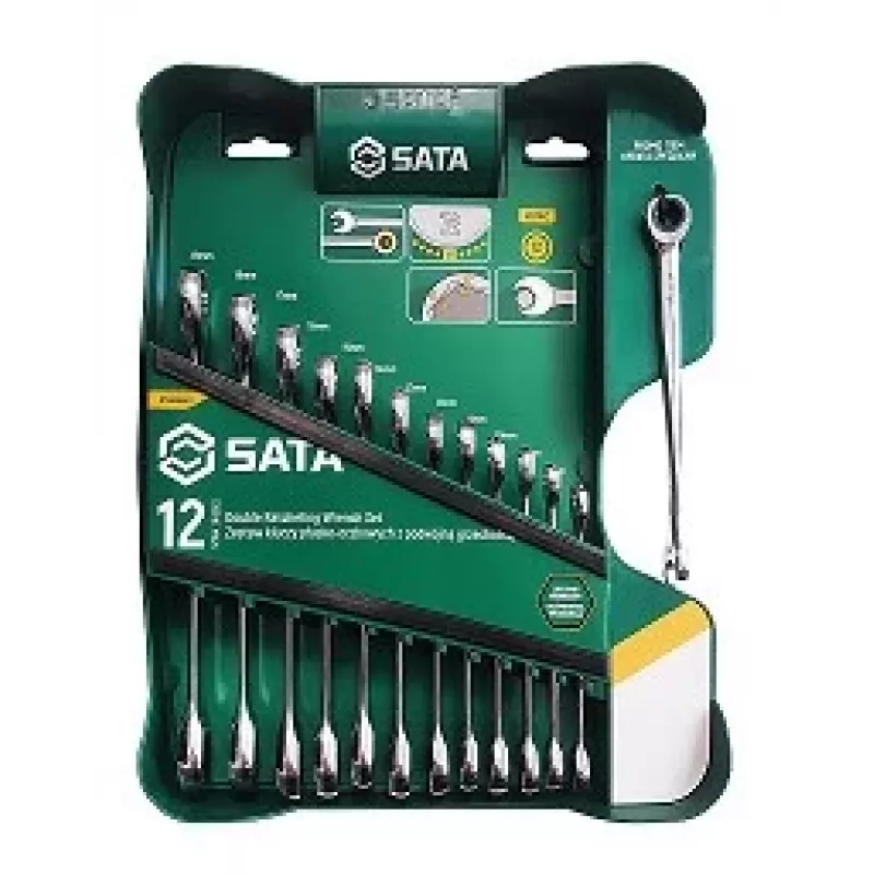 SATA 13-Piece Double Ratchet Combination Wrench Set with X-Beam Design, Metric, 8-21 mm, Chrome Vanadium Steel, Blow Molded Case
