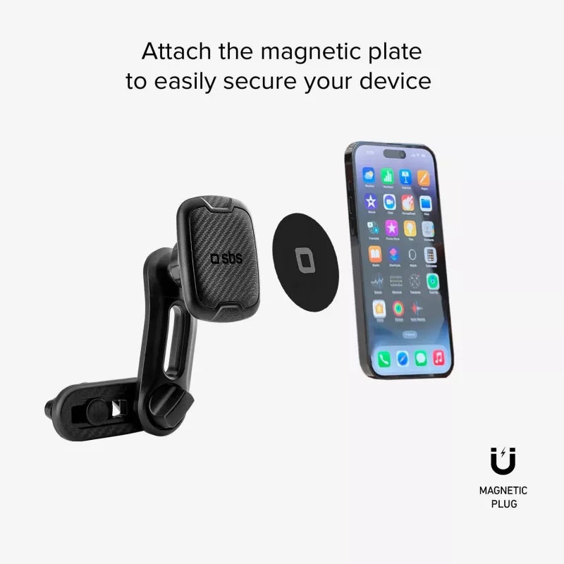 SBS Magnetic Double Clip Car Phone Holder - Universal Smartphone Mount with Strong Neodymium Magnets, 360° Rotation, Black