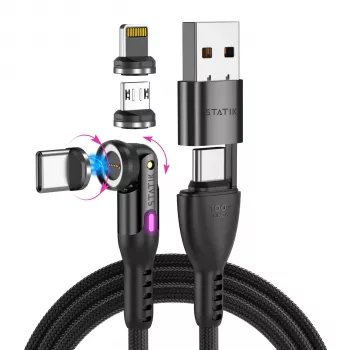 STATIK 360Pro Braided Rotating 3 Magnetic Tips 6-in-1 Cable Black 2m