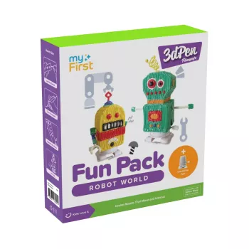 myFirst 3dPen Make Filaments Fun Pack Robot World - Creative Kit with 5 Templates, 17 PCL Filaments (34 m), Pull-Back Car Module, Thermoplastic Sheet