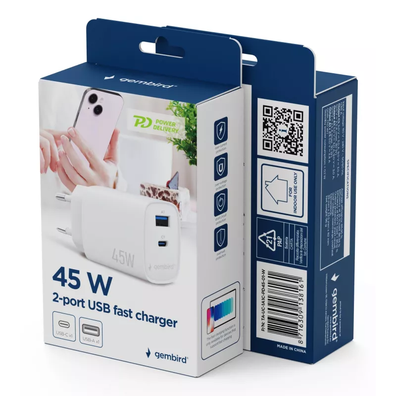 Gembird TA-UC-1A1C-PD45-01-W 45W USB-C PD Wall Charger White