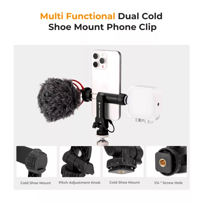 K&F Concept Tripod Mount Phone Holder with 1/4 inch Screw, 360° Rotation, for Smartphone, Black