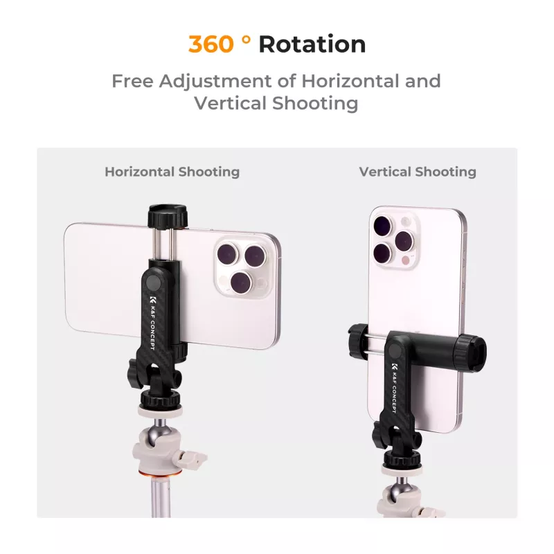 K&F Concept Tripod Mount Phone Holder with 1/4 inch Screw, 360° Rotation, for Smartphone, Black