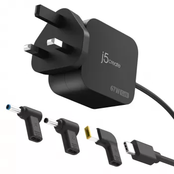 J5CREATE 67W GaN PD USB-C Mini Charger with 3 Types of DC Connector