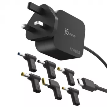 J5CREATE 67W GaN PD USB-C Mini Charger UK Plug with 6 DC Connectors