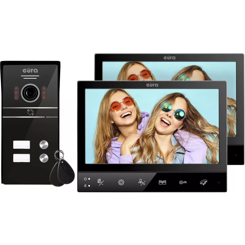 Eura VDP-80C5 Two-Family Video Intercom System, Black, 2x 7 inch LCD, FHD, 2 Entrances, 1080p Camera, RFID Reader, Surface Mount