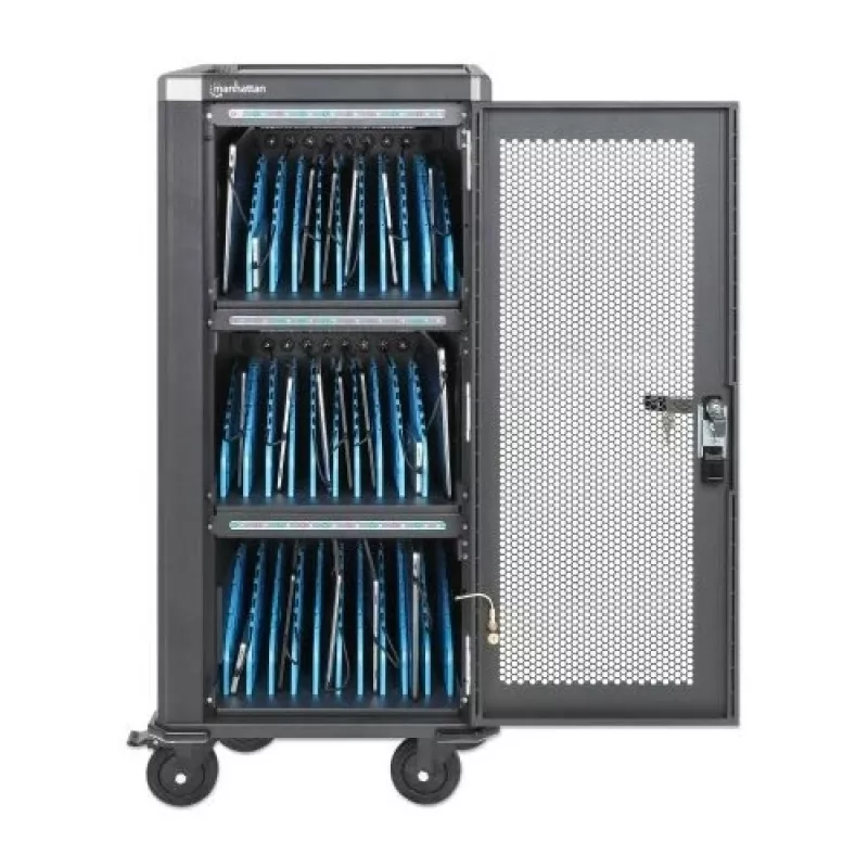 Manhattan 181471 Mobile Device Management Cart, Black, 32 Devices, 32 AC Outlets, 3680W