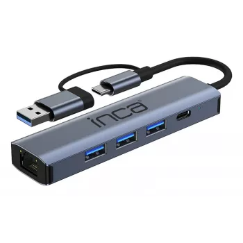 INCA Hub IUTP-5T USB-C/A to 3x USB-A 3.0 / RJ45 5 Gbit/s Grey