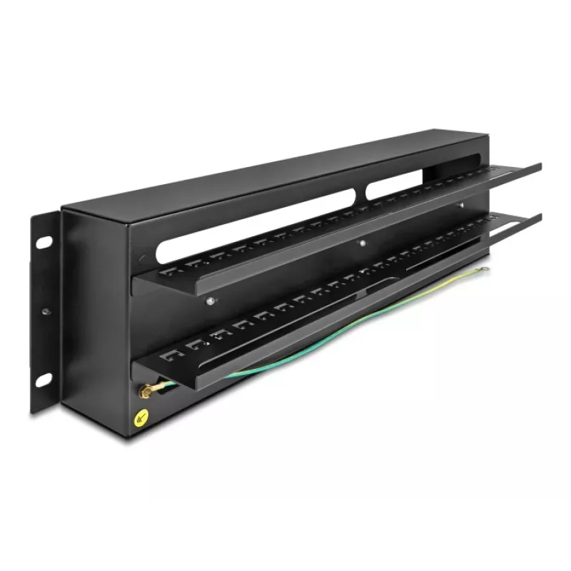 DELOCK 19 inch Circuit Breaker Distribution Panel with Cover and DIN Rail including 2x Cable Strain Relief Rails 3U Steel Black
