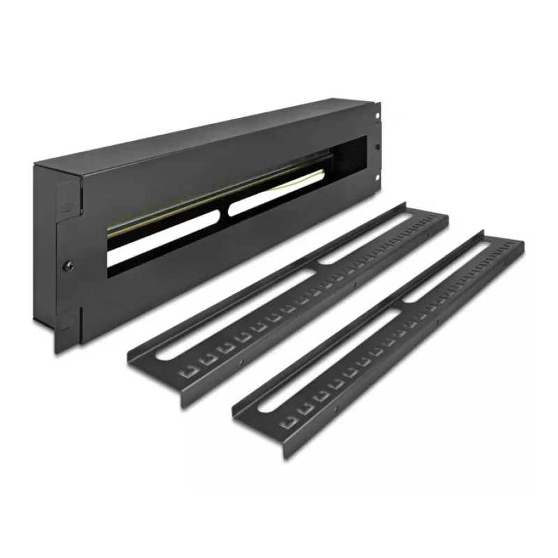 DELOCK 19 inch Circuit Breaker Distribution Panel with Cover and DIN Rail including 2x Cable Strain Relief Rails 3U Steel Black