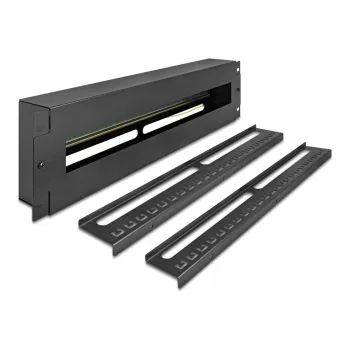 DELOCK 19 inch Circuit Breaker Distribution Panel with Cover and DIN Rail including 2x Cable Strain Relief Rails 3U Steel Black