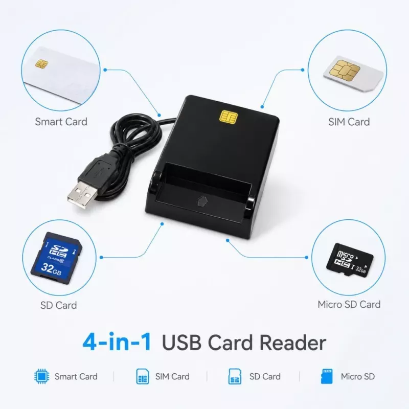iLike 4-in-1 USB Smart Card Reader with SIM, SD & Micro SD Support, CAC Reader for ID Cards, Bank Cards, eID and Memory Cards Black