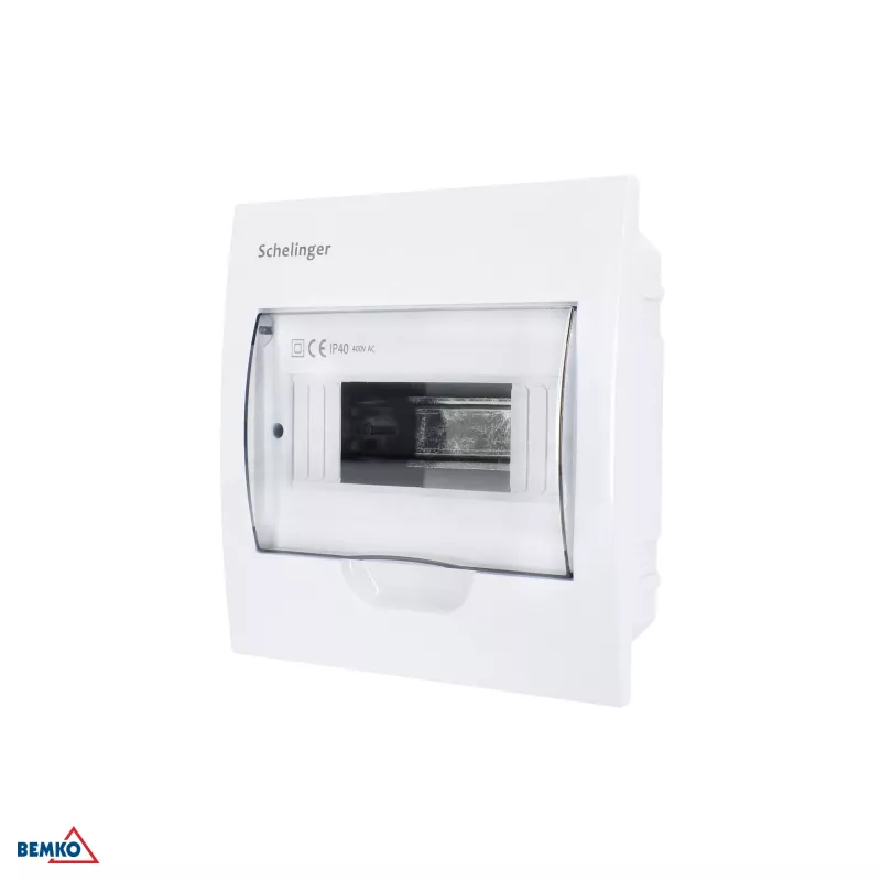 SCHELINGER A80-RDP-IP40-NPE-08P Flush-Mounted Distribution Board IP40, 8 Modules, 1 Row, 8N+8PE Terminals, Transparent Door, White