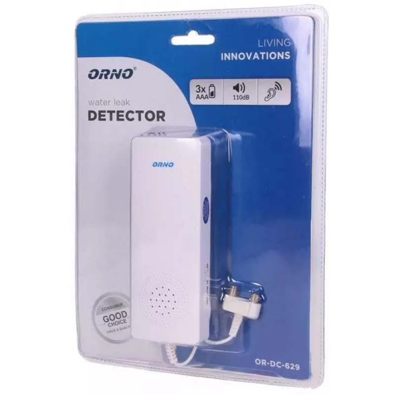 ORNO OR-DC-629 Battery-Powered Water Leak Detector with Acoustic and Optical Alarm, White