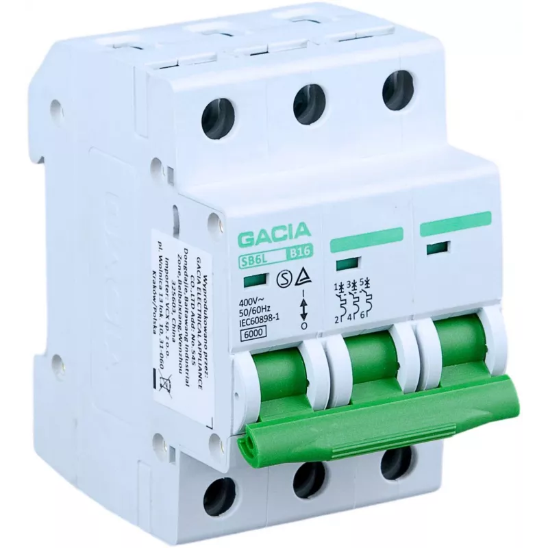GACIA SB6L B 3P 6A Miniature Circuit Breaker, 6kA, B Curve, 3-Pole, 6A