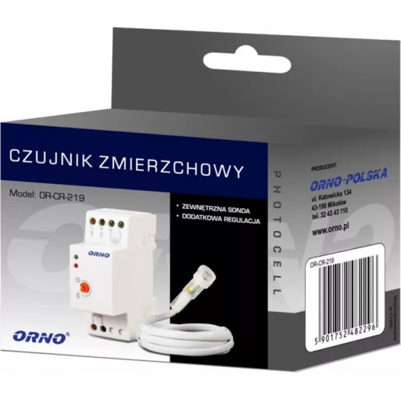 ORNO OR-CR-219 DIN Rail Twilight Sensor with External Photocell, 230V AC, 10A, 2-100 Lux