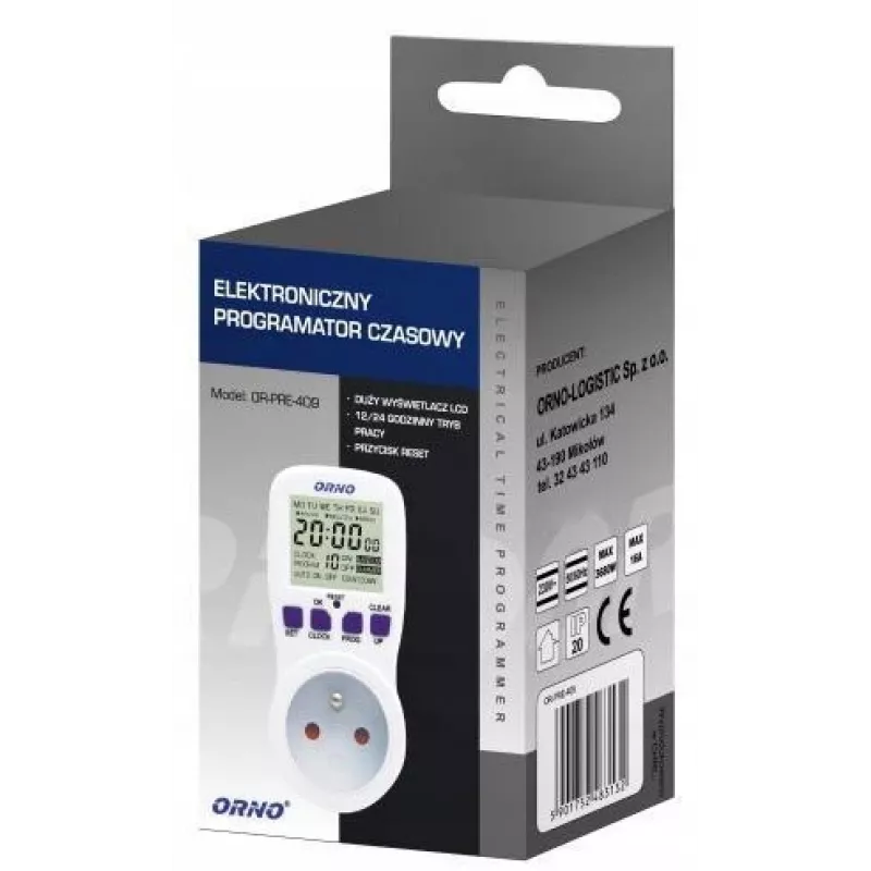ORNO OR-PRE-409 Digital Weekly Programmable Timer, 230V, 16A, 10 Programs, LCD Display, Countdown