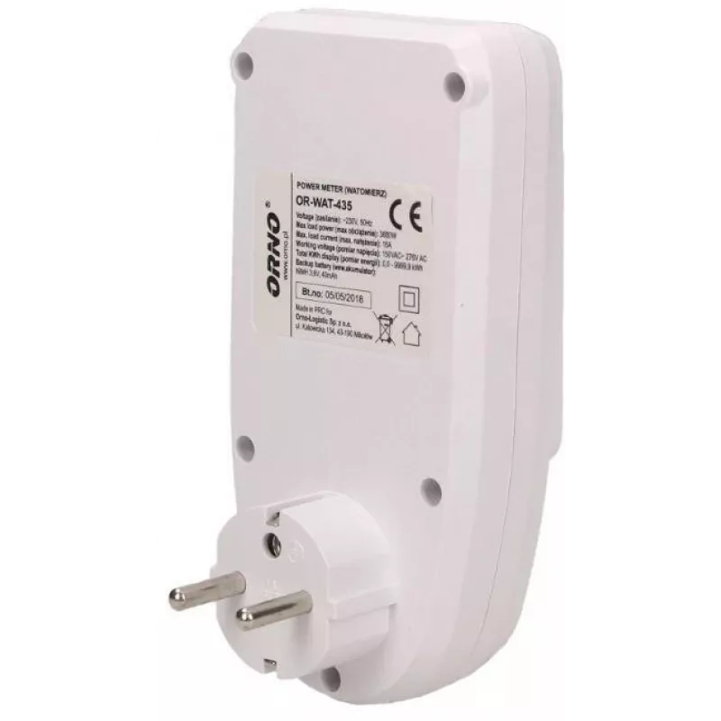 ORNO OR-WAT-435 Digital Energy Meter with LCD Display, 230V, 16A, 3680W, Type F Plug