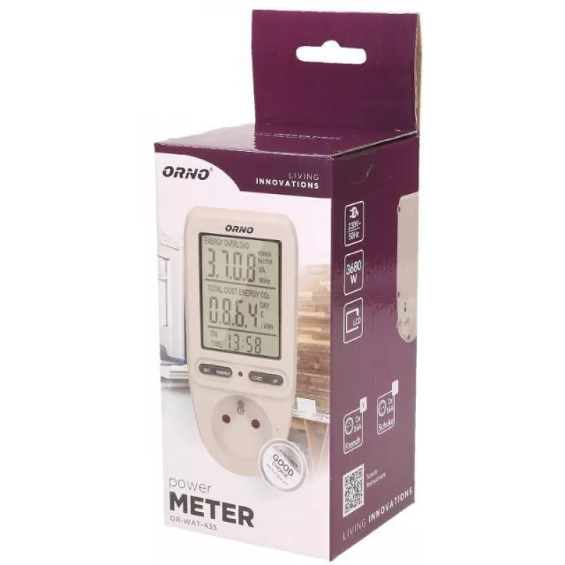 ORNO OR-WAT-435 Digital Energy Meter with LCD Display, 230V, 16A, 3680W, Type F Plug